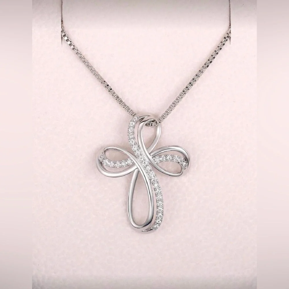 Silver Tone Cubic Zirconia Cross‎ Necklace